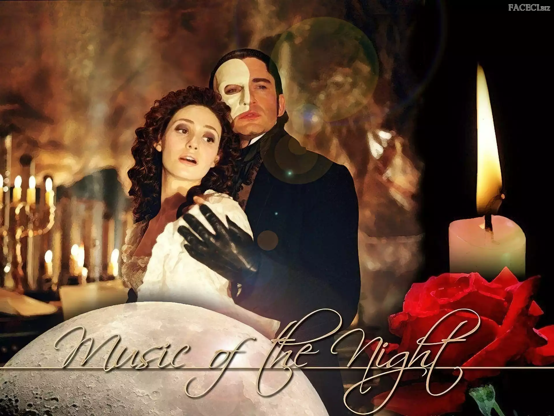 Emmy Rossum, Phantom Of The Opera, róża, świece, Gerard Butler, rękawiczki